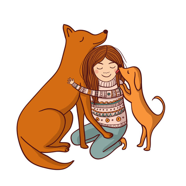 Векторная иллюстрация с девочкой и собаками
 