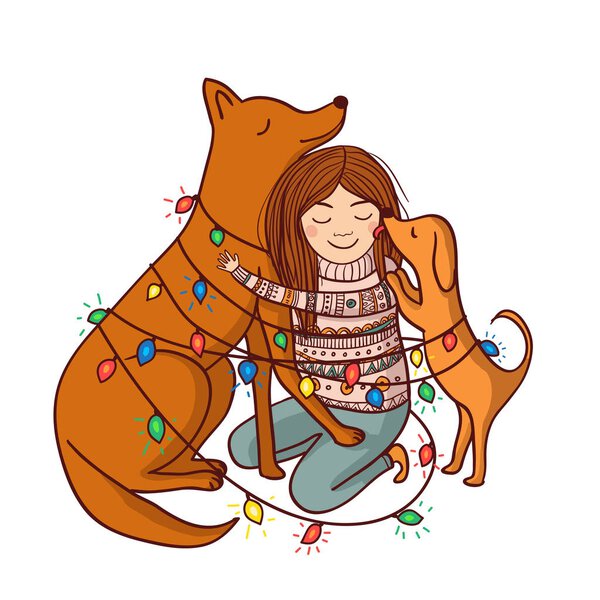 Векторная иллюстрация с девочками, собаками и гирляндами
