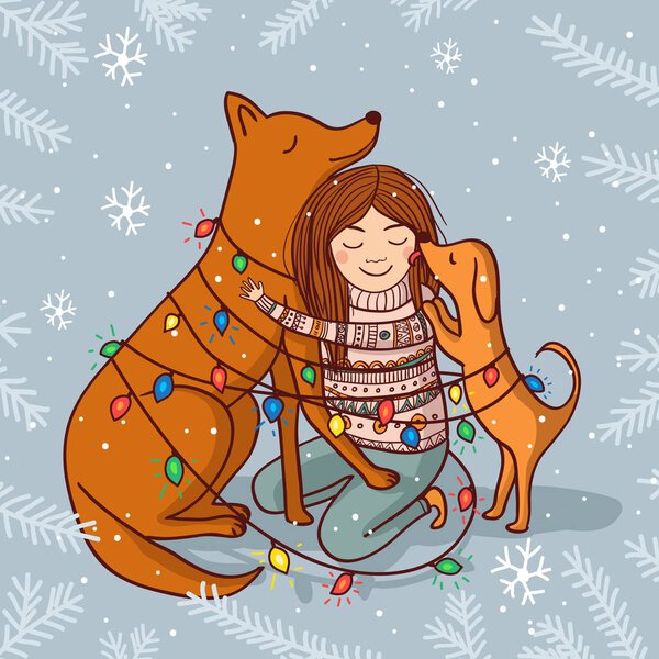 Векторная новогодняя открытка с девушкой и собаками
 