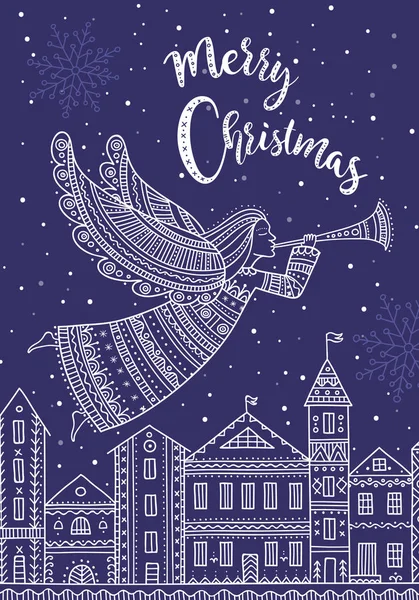 Buon Natale angelo con corno volare sopra la città di notte — Vettoriale Stock