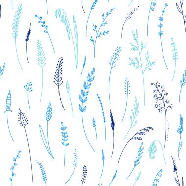 Otlar, bitkiler, çiçek ve yaprakları, ce vektör seamless modeli