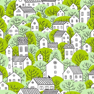 ağaçlar ve evleri Dikişsiz desen bahar ışık yeşil renkleri
