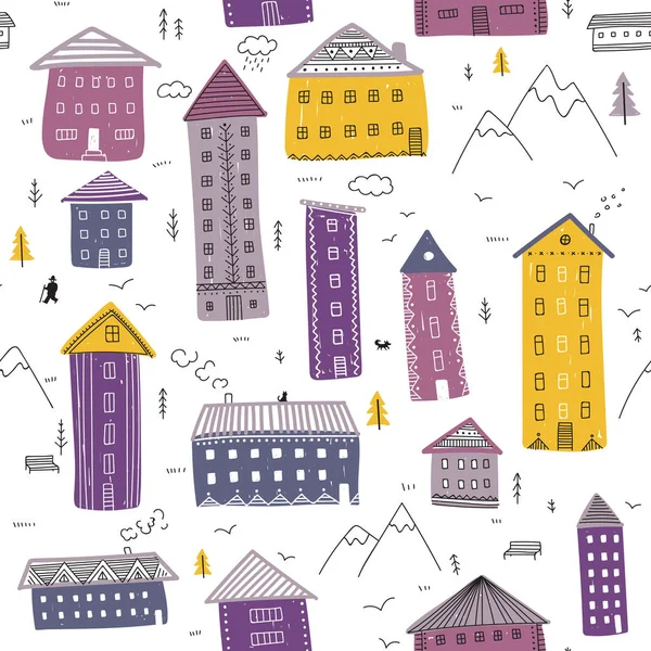 Houses in mountains seamless pattern — Stock Vector