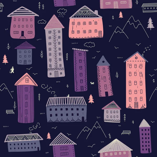 Houses in mountains seamless pattern — Stock Vector