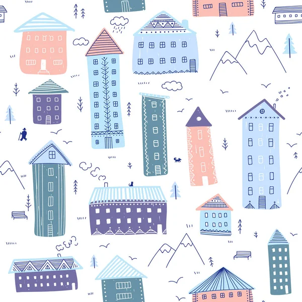 Houses in mountains seamless pattern — Stock Vector