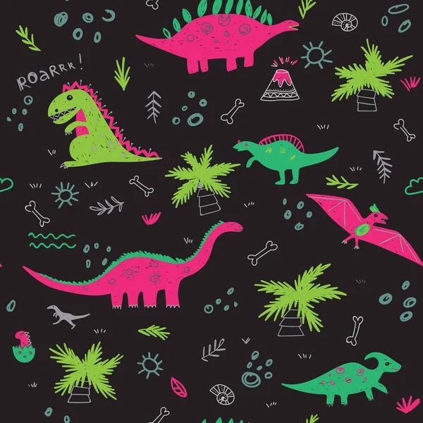 Modèle d'enfant sans couture vectoriel avec dinosaures colorés noir b — Image vectorielle