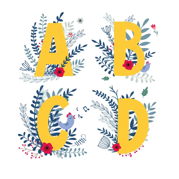 Floral alfabet, letter a, b, c, d-reeks — Stockvector