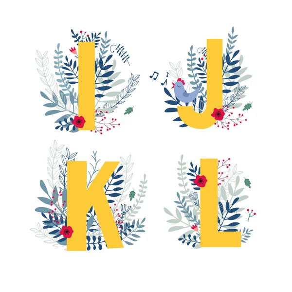 Florales Alphabet, Buchstabe i, j, k, l set — Stockvektor