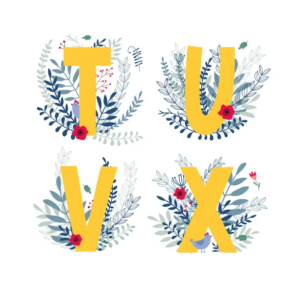 Alfabeto floral, letra t, u, v, x set — Vector de stock
