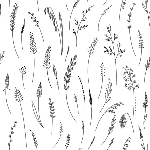Векторный бесшовный рисунок трав, растений, цветов и листьев, — стоковый вектор