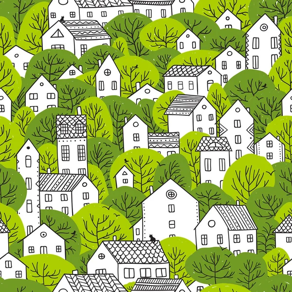 Träd och hus sömlösa mönster våren ljus gröna färger — Stock vektor