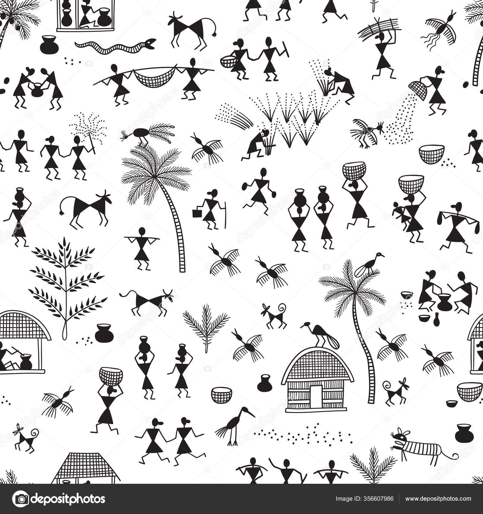 Warli Painting Traditional Indian Tribal Art Can Printed Used Wrapping  Stock Vector Image by ©samiola #356607986