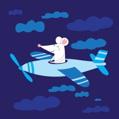 Uçakta bulutların arasında uçan sevimli fare pilotunun vektör çizimi. Kart tasarımınız için şablon olarak kullanılabilir, çocuk resimli kitap, poster, pankart, pankart, reklam, çocuk kıyafetleri.