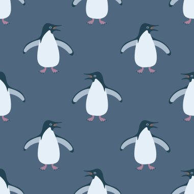 Adelie pengueni kusursuz desen. Yazdırılabilir ve ambalaj kağıdı, duvar kağıdı, tekstil, kumaş, giysi, kumaş vs. olarak kullanılabilir.