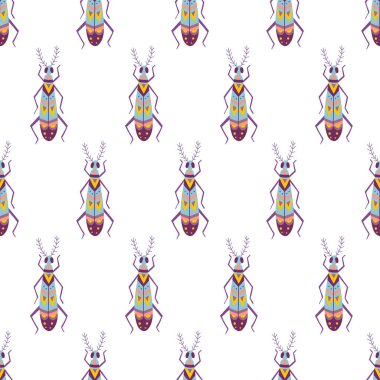Renkli böcek vektörü dikişsiz desen. Kağıt, duvar kağıdı, tekstil, kumaş, giysi vs. olarak basılabilir ve kullanılabilir.