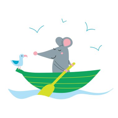 Martılarla dolu teknedeki sevimli farenin vektör çizimi. Yapıştırma, simge, logo, çocuk kitabı, afiş, kart tasarımı, poster, pankart, davetiye, rozet olarak kullanılabilir.
