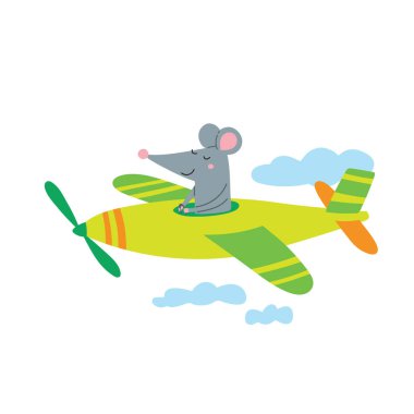 Uçakta bulutların arasında uçan sevimli fare pilotunun vektör çizimi. Kart tasarımınız için şablon olarak kullanılabilir, çocuk resimli kitap, poster, pankart, pankart, reklam, çocuk kıyafetleri.