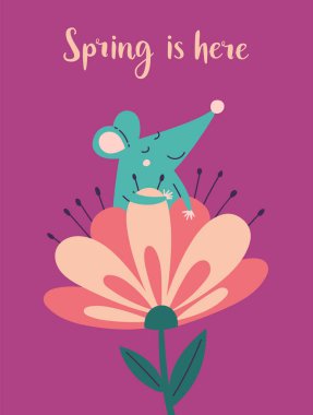 Bahar geldi. Çiçekte oturan sevimli gülümseyen fare resimli vektör tebrik kartı. Kart tasarımınız için şablon olarak kullanılabilir, poster, etiket, davetiye, pankart, kartpostal.