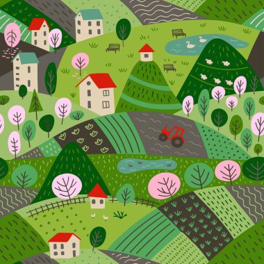 Vector seamless pattern of spring village landscape with farm and fields, mountains and forest. Can be printed and used as wrapping paper, wallpaper, textile, apparel, fabric etc. clipart