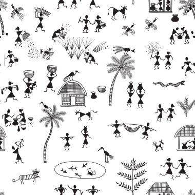 Warli resmi, geleneksel Hint kabile sanatı. Yazdırılabilir ve ambalaj kağıdı, duvar kağıdı, tekstil, kumaş, giysi vs. olarak kullanılabilir.
