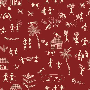 Warli resmi, geleneksel Hint kabile sanatı. Yazdırılabilir ve ambalaj kağıdı, duvar kağıdı, tekstil, kumaş, giysi vs. olarak kullanılabilir.