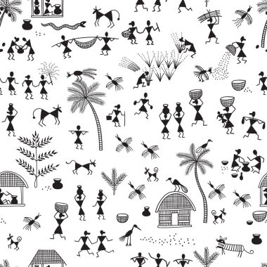 Warli resmi, geleneksel Hint kabile sanatı. Yazdırılabilir ve ambalaj kağıdı, duvar kağıdı, tekstil, kumaş, giysi vs. olarak kullanılabilir.