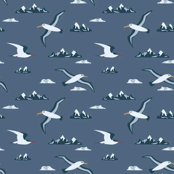 飞行的信天翁和燕鸥在南极洲无缝模式 可印刷和用作包装纸 纺织品 布料等 — 图库矢量图片