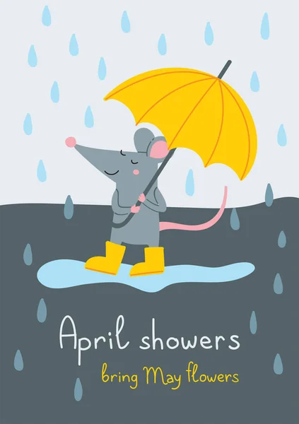 April Showers Bring May Flowers Vector Illustration Cute Rat Yellow — Stock Vector