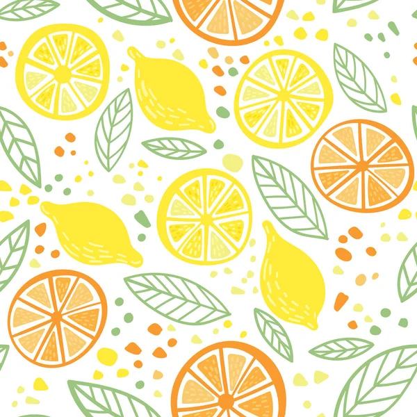 Cítricos Limón Naranja Con Hojas Patrón Inconsútil Colorido Puede Imprimir — Vector de stock