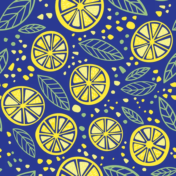 カラフルなシームレスなパターンの葉を持つ柑橘類のレモン 包装紙 アパレルなどの印刷 使用が可能です — ストックベクタ