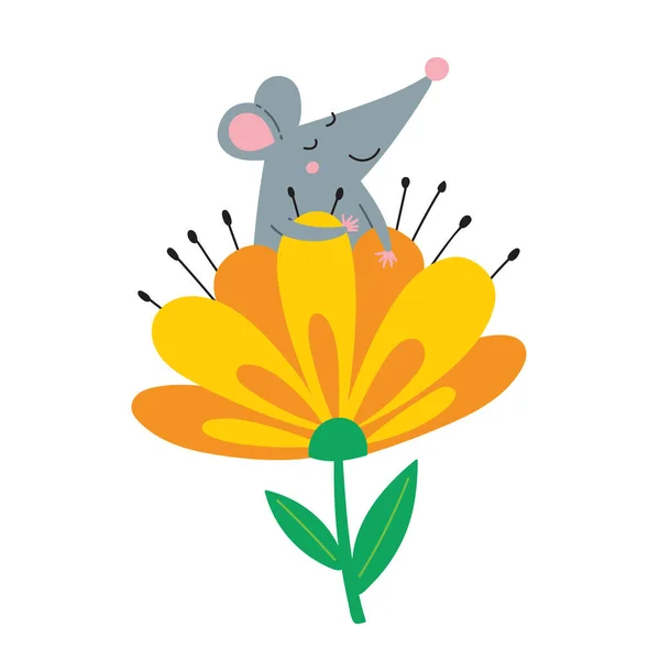 Illustration Vectorielle Rat Heureux Mignon Assis Fleur Appréciant Moment Peut — Image vectorielle