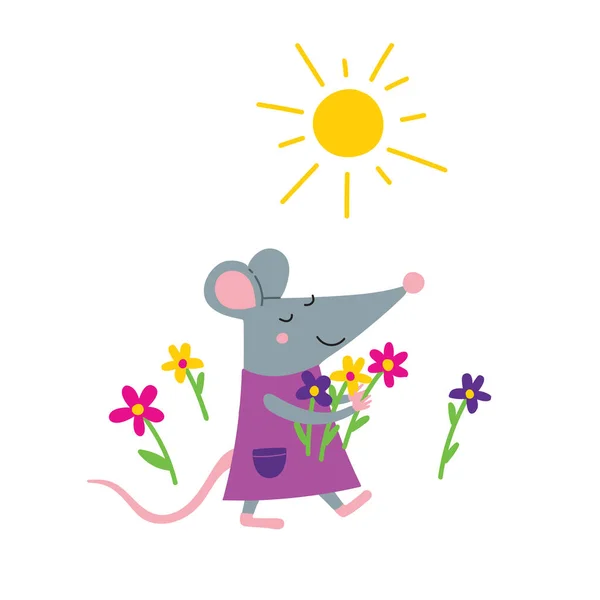 图上是漂亮的雌性老鼠穿着鲜花散步的图片 可爱的儿童图书插图可用作设计 标语牌 贴纸的模板 — 图库矢量图片