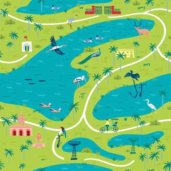 Ilustración Del Mapa Paisajístico Del Santuario Aves Bharatpur Con Muchas Vector De Stock