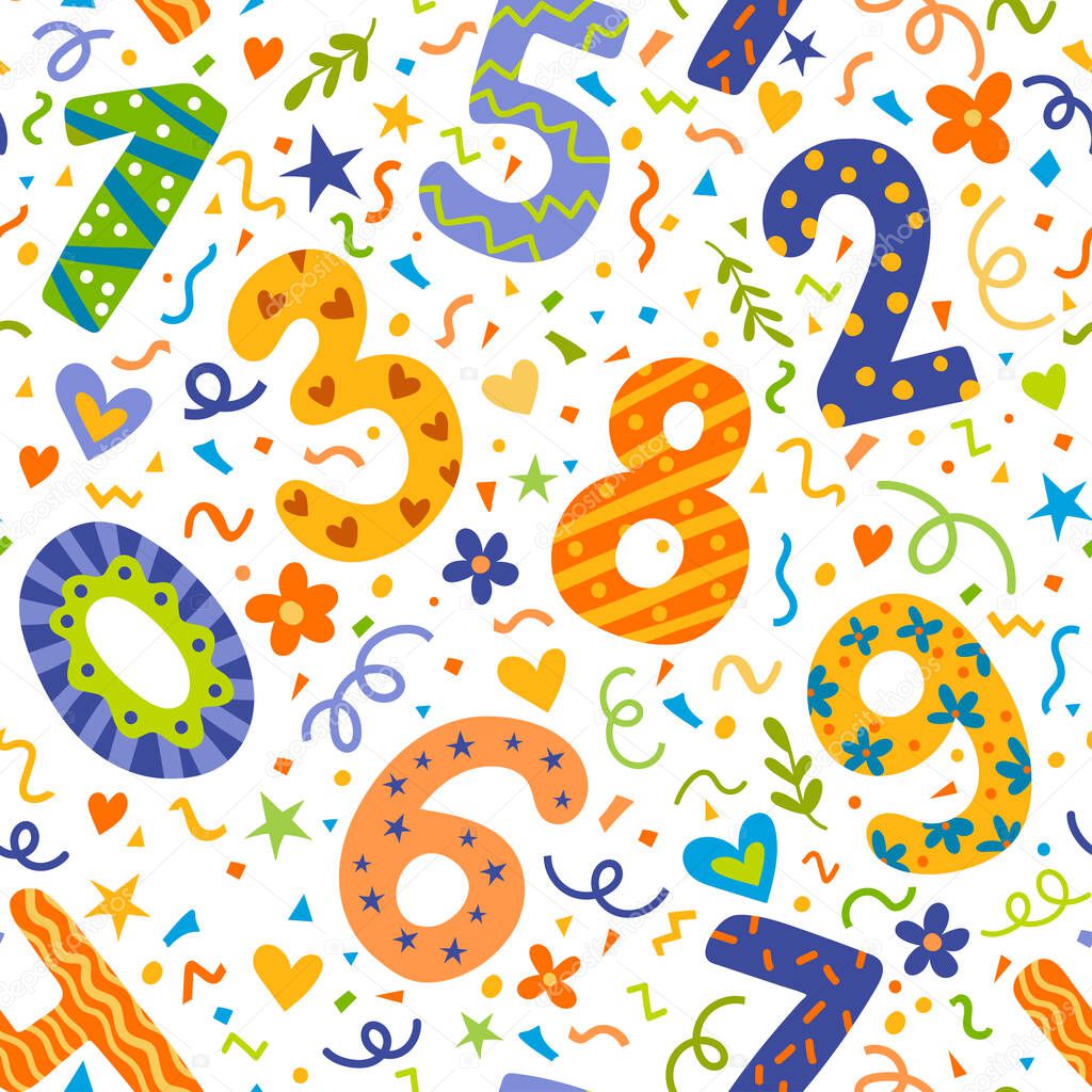 Vector seamless pattern of colorful decorated digits, numbers. Can be printed and used as wrapping paper, wallpaper, textile, fabric, Birthday, anniversary, special date celebration template, etc.