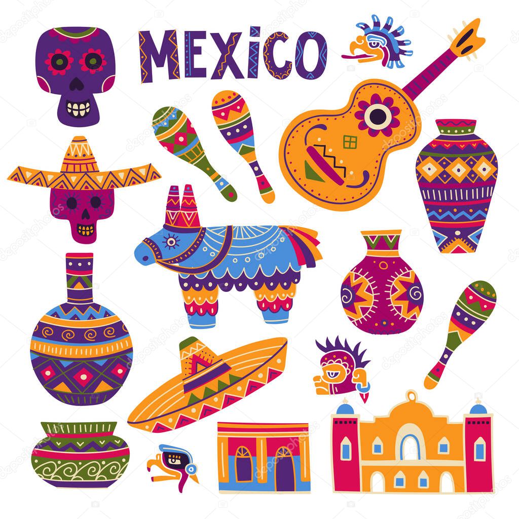 Vector colorful set of traditional symbols of Mexican culture, like maracas, pinata, sombrero, scull, pottery, Maya drawings. Can be used as a template for your design, as a sticker, icon, badge element