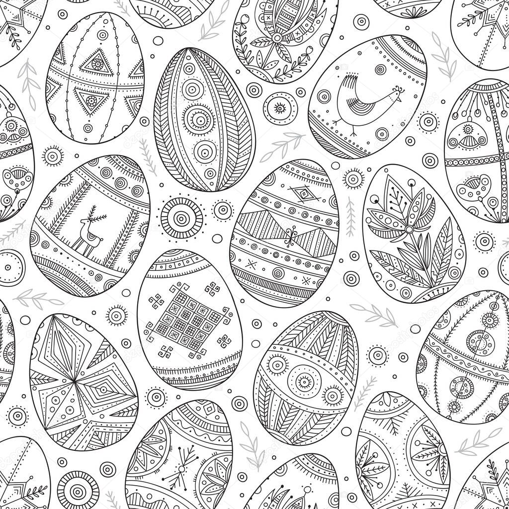 Easter eggs in Ukrainian traditional style seamless pattern. Can be printed and used as coloring page, wrapping paper, wallpaper, textile, fabric, card