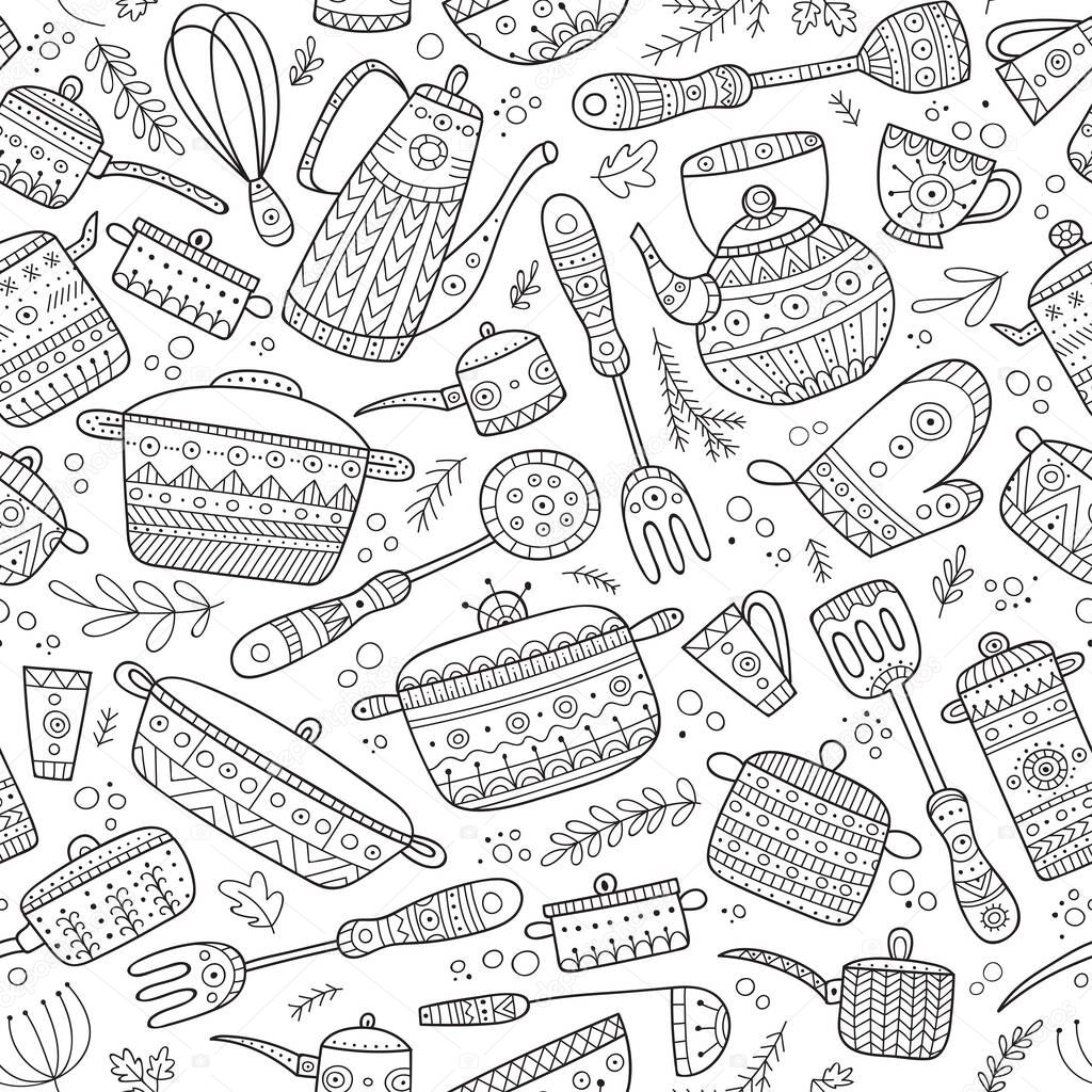 Vector seamless illustration on kitchenware in ethnic boho style with tribal patterns. Can be printed and used as coloring book page, wrapping paper, wallpaper, textile, fabric, etc.