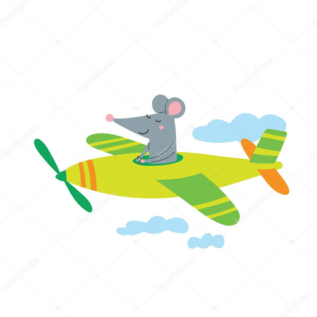 Vector illustration of cute rat pilot in plane flying among clouds. Can be used as a template for your card design, children's picture book, poster, placard, banner, advertising, children apparel.