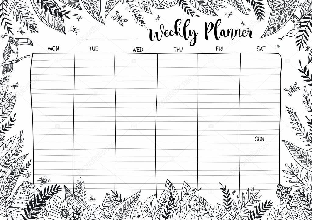 Vector weekly planner in tropical style with rainforest nature and animals decorated with boho ornaments. Can be printed and used as a personal weekly scheduler, coloring page.