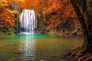 Hot Springs Onsen Doğal Hamamı kırmızı-sarı yapraklarla çevrili.