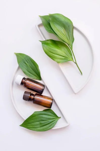 Естественная органическая косметическая упаковка стекло макет с листьями. Бутылка-макет для брендинга . — стоковое фото
