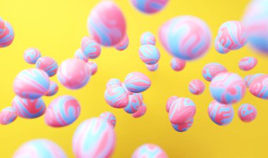 Parlak sarı paskalya arkaplanı ve çok renkli paskalya yumurtaları. Paskalya bayrağı veya tebrik kartı konsepti, reklam arkaplanı veya resmi