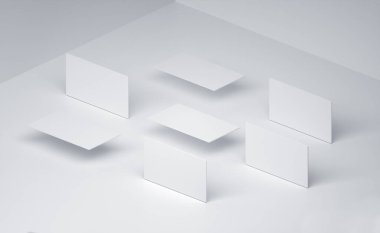 Kartvizitlerin beyaz desenli kağıt arkaplanındaki 3d hazırlayıcı modellemesi.