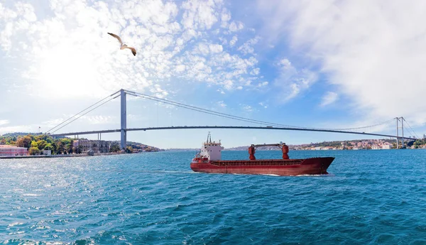 El Bósforo derecho con un barco, el Palacio de Beylerbeyi y el Puente del Bósforo, Estambul — Foto de Stock