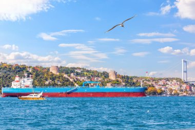 Rumelian kalesi yakınlarındaki Boğaz 'da büyük bir kargo gemisi, İstanb.