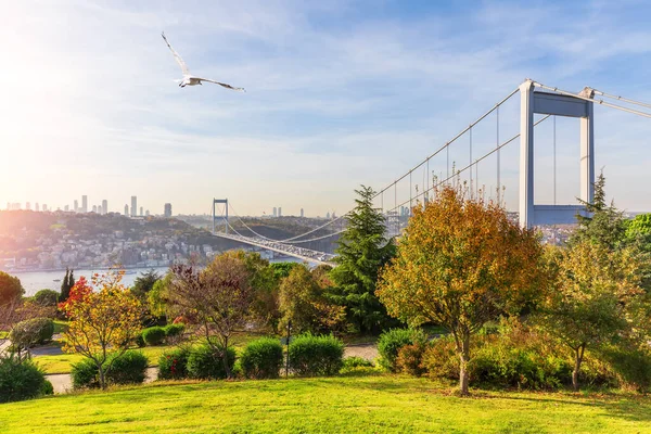 Fatih Sultan Bridge přes Bosporu v Istanbulu, pohled z parku Otagtepe — Stock fotografie