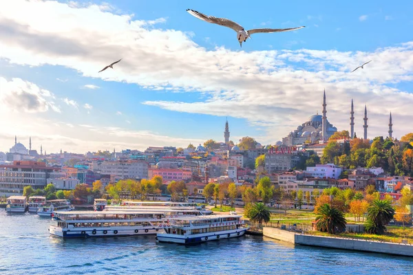Eminonu molo a mešita Suleymaniye v Istanbulu, Turecko — Stock fotografie
