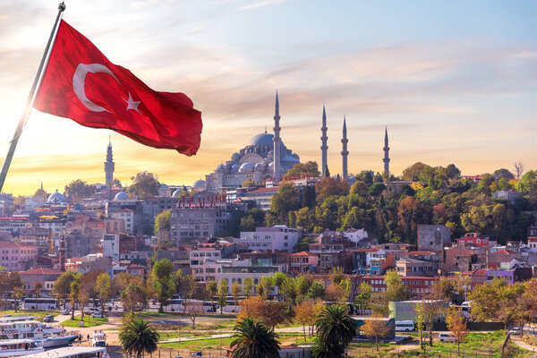 Suleymaniye mosque and the turkish flag, Istanbul, Turkey