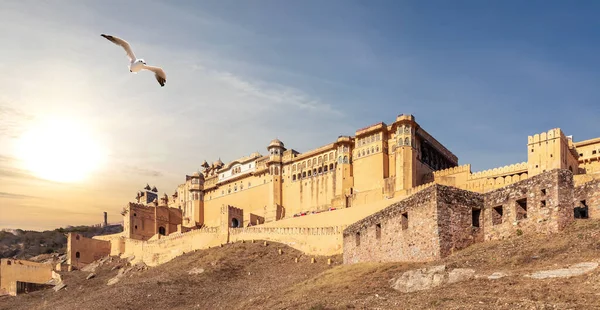 Hindistan Amber Kalesi Panoraması Jaipur Gün Batımı Manzarası — Stok fotoğraf