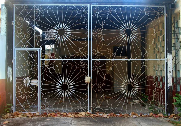 Antigua pared de metal oxidado adornado con una puerta de entrada — Foto de Stock